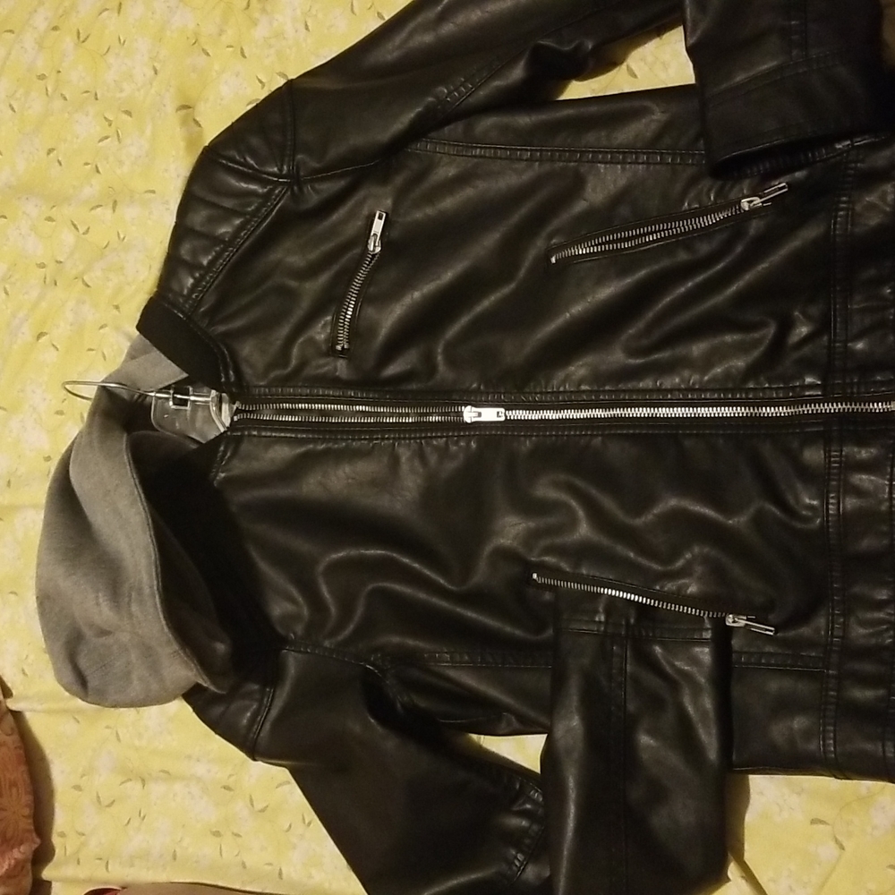 Boy  Leather  with cloth hoodies jacket